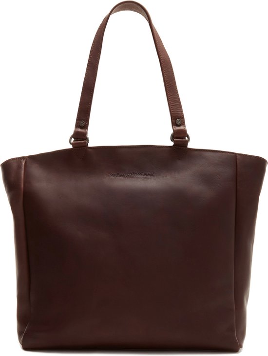 Sac shopper en cuir marron foncé avec longues anses.