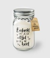 Kaars - Bedankt dat er altijd voor me bent - Lichte vanille geur - In glazen pot - Zijden lint met de tekst: "Speciaal voor jou" - In cadeauverpakking met gekleurd lint