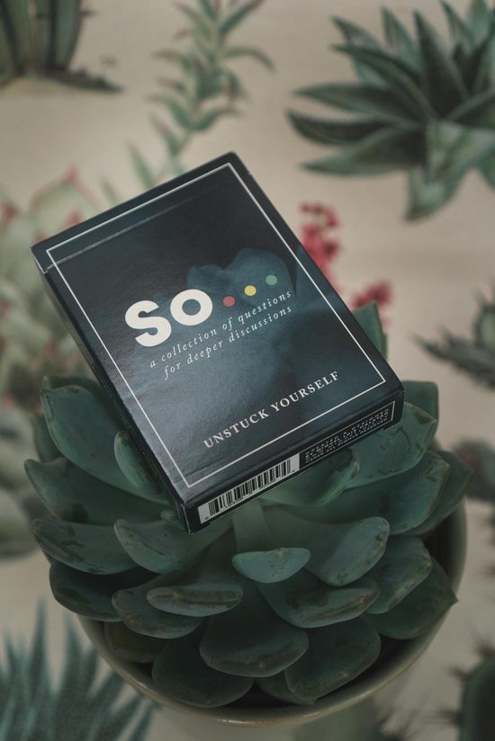 Donkerblauwe doos van 'So... a collection of questions for deeper discussions', met de tekst 'Unstuck Yourself', op een succulente plant.