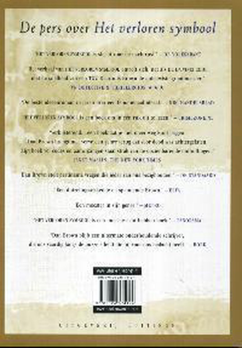 Achterkant van het boek 'Het Verloren Symbool' met persrecensies en barcode.