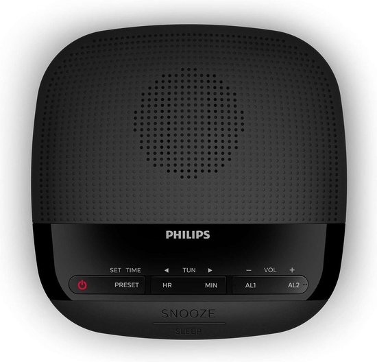 Zwarte Philips wekkerradio van bovenaf, met speaker en bedieningsknoppen.