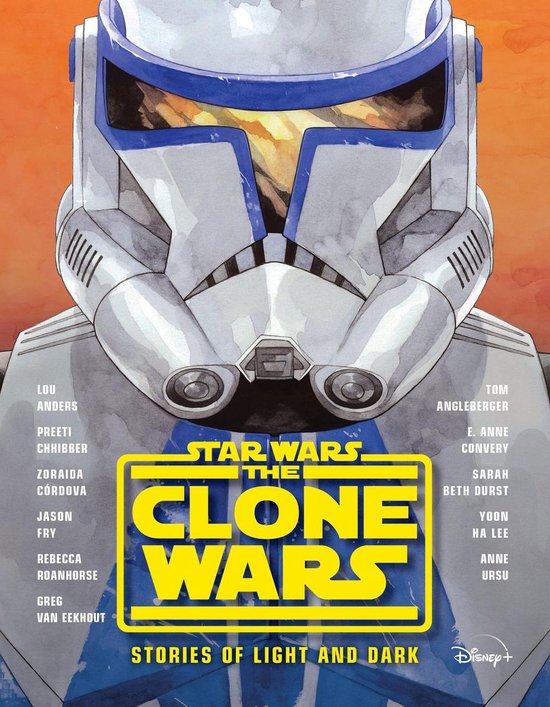 Boekomslag met close-up van de helm van een witte en blauwe Clone Trooper uit Star Wars: The Clone Wars: Stories of Light and Dark.