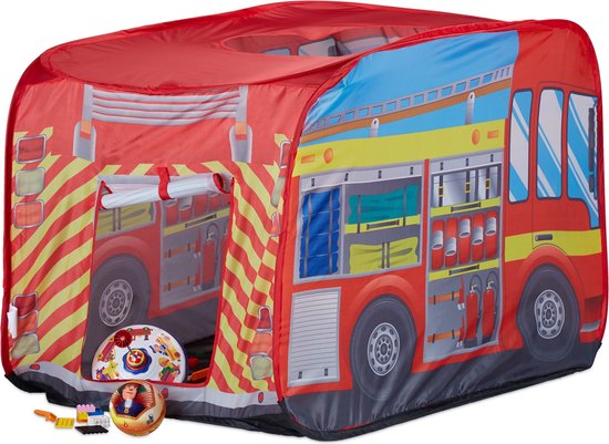 Relaxdays speeltent brandweer - pop up kindertent - tent met auto motief - outdoor jongens