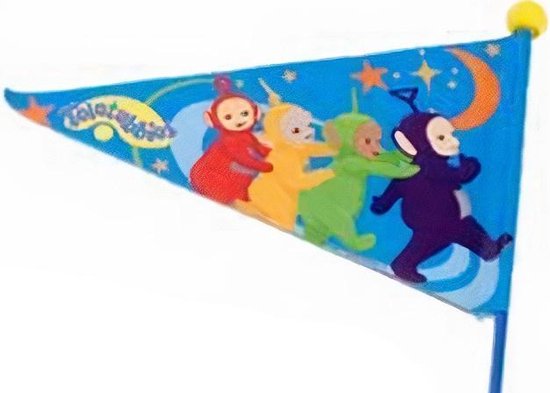 Blauwe driehoekige fietsvlag met de Teletubbies in rood, geel, groen en paars die hand in hand lopen.