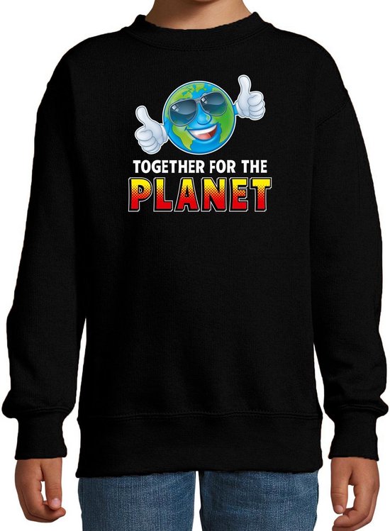 Funny emoticon sweater Together for the planet zwart voor kids - Fun / cadeau trui 134/146