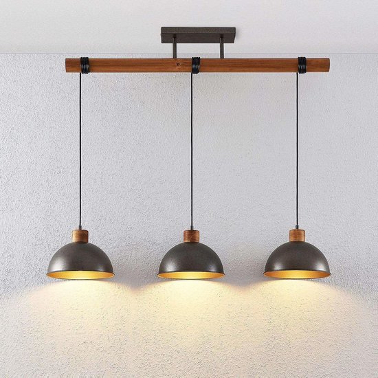 Lindby - hanglamp - 3 lichts - Ijzer, hout - E27 - metallic groen, licht hout