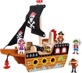 Tooky Toy Speelset Piratenschip 33 Cm Hout Bruin/zwart 7-delig