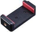 Zwarte telefoonhouder met rode gripstrips, schroef en schroefdraadaansluitingen.