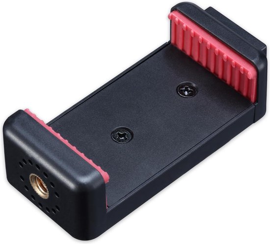Zwarte telefoonhouder met rode gripstrips, schroef en schroefdraadaansluitingen.