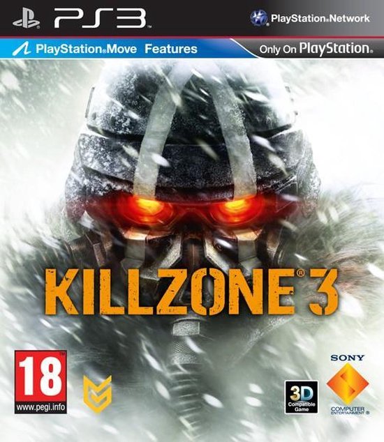 Jaquette du jeu Killzone 3 sur PlayStation 3, gros plan d'un casque aux yeux lumineux.