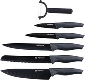 Alpina - Ensemble de 6 couteaux de luxe - couteau Santoku, couteau à pain, couteau à découper, couteau universel, couteau d'office et éplucheur - acier inoxydable - revêtement antiadhésif - noir