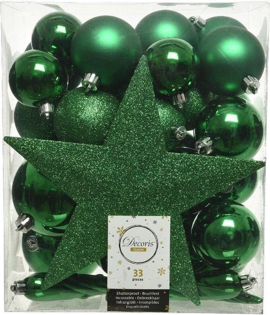 33x Kerstgroene kunststof kerstballen 5-6-8 cm - Mix - Onbreekbare plastic kerstballen - Kerstboomversiering kerst groen