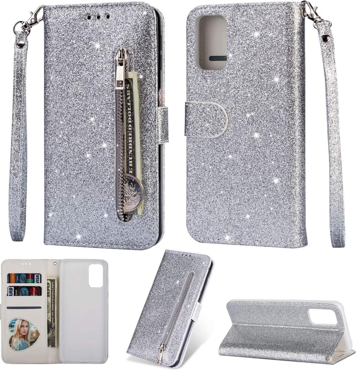 Samsung Galaxy S20 Ultra Glitter Bookcase hoesje Portemonnee met rits - Zilver
