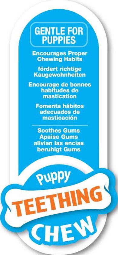 Sticker met 'GENTLE FOR PUPPIES' en 'Puppy TEETHING CHEW' in het Nederlands, Engels en Frans.