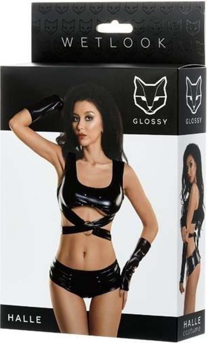 Glossy Wetlook Set (Top, Mini Shorts & Gloves) - Zwart - M