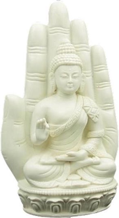 Boeddha in hand wit - 14x23 - Polyresin