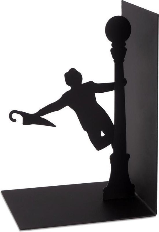 Zwarte metalen boekensteun met silhouet van zingende man met paraplu bij lantaarnpaal.