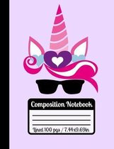 Composition Notebook: Cool Unicorn Design Perfect Size For School Wide Ruled Paper, Sun Glasses & Pink Heart