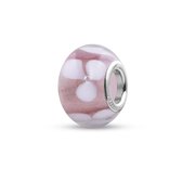 Quiges - Glazen - Kraal - Bedels - Beads Roze met Witte Bloemen Past op alle bekende merken armband NG2008