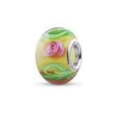Quiges - Glazen - Kraal - Bedels - Beads Geel met Roze Rozen en Groene Blaadjes Past op alle bekende merken armband NG2011