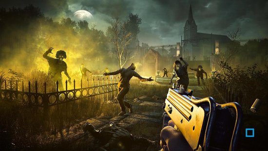 Zombie-aanval in een kerkhof met een volle maan op de achtergrond. Een hand met een wapen is op de voorgrond.