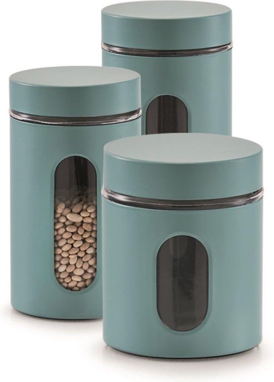 3x Boîtes / bocaux de conservation vert eucalyptus avec fenêtre 600, 900 et 1200 ml - Zeller - Ustensiles de cuisine - Bocaux / bocaux de conservation - Boîtes de conservation / boîtes de stockage - Consservation alimentaire