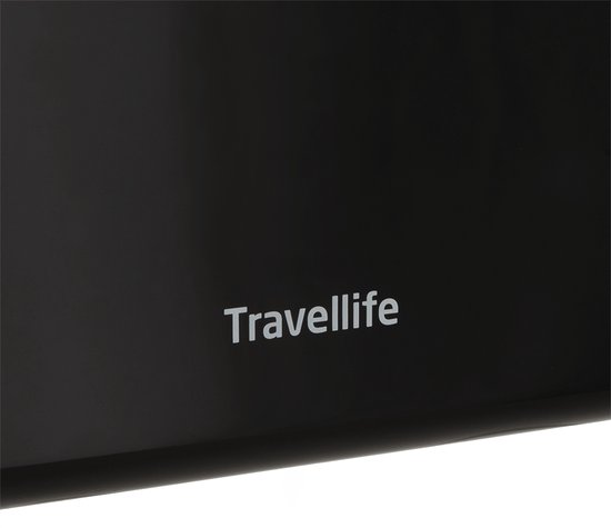 Close-up van het 'Travellife' logo op een zwarte koelbox.