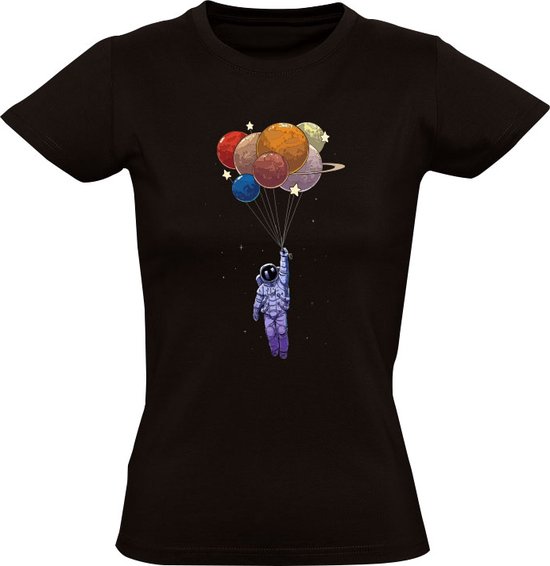 Foto: Astronaut zwevend met ballon planeet dames t shirt ruimte sterren ruimtevaart maan space