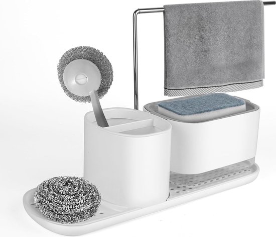 Distributeur de savon 4 en 1 pour la cuisine, distributeur de liquide vaisselle avec porte-éponge, distributeur de savon à pompe, distributeur de savon pour les mains avec porte-torchon, organisateur d'évier pour salle de bain, cuisine, blanc