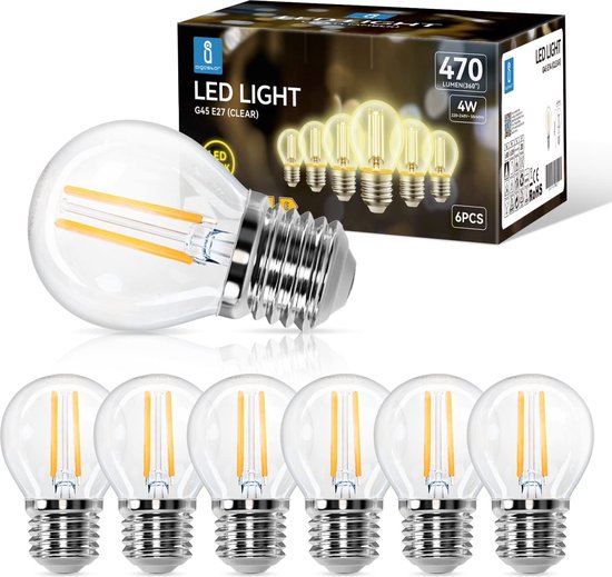 Aigostar 10ZBT - Lampe à Filament LED E27 - G45 - 2700K - 470lm - Lumière Wit Chaud - Non dimmable - 4W - 6 pièces