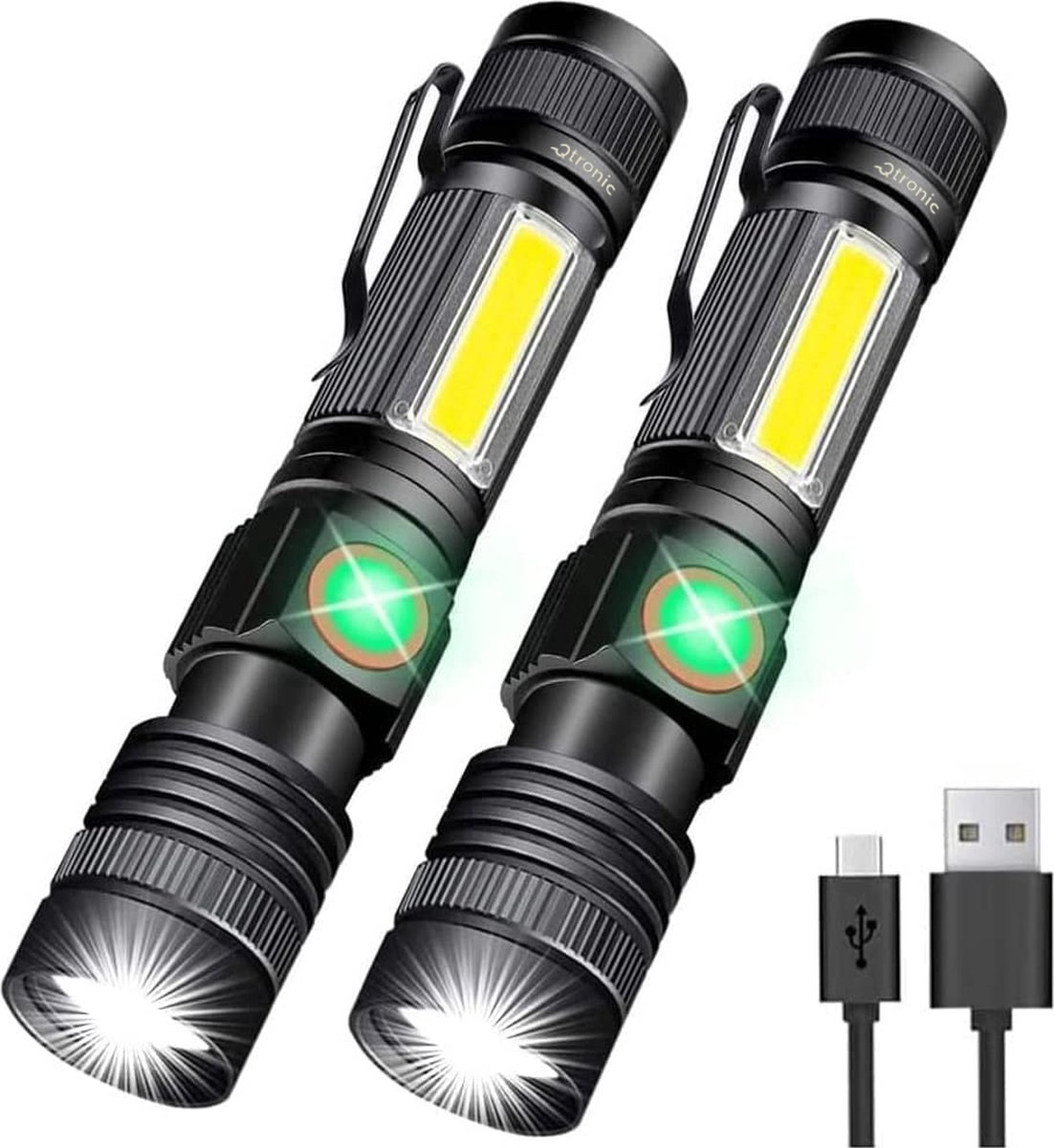 Qtronic Zaklamp LED oplaadbaar met zoomfunctie - Militaire zaklamp - Waterdicht - USB oplaadbaar (inclusief Oplaadkabel & Batterijen).