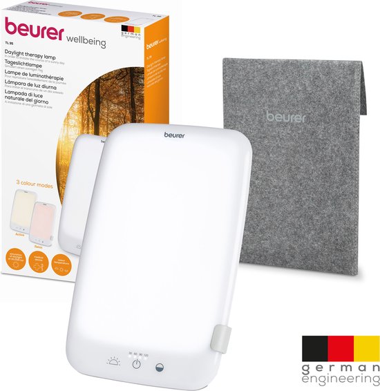 Foto: Beurer tl 35 lichttherapielamp daglichtlamp compact 25 x 15 5 cm tabletvorm kantelbaar dimmer tiptoetsen led 10000 lux op 13 cm flikker en uv vrij incl netadapter en opberghoes medisch gecertificeerd 3 jaar garantie