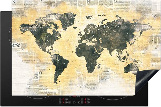 KitchenYeah® Inductie beschermer 81.2x52 cm - Wereldkaart - Goud - Krant - Kookplaataccessoires - Afdekplaat voor kookplaat - Inductiebeschermer - Inductiemat - Inductieplaat mat