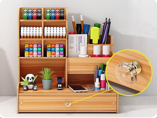 Foto: Houten potlood houder bureau organizer met lade multifunctionele desktop briefpapier pen houder