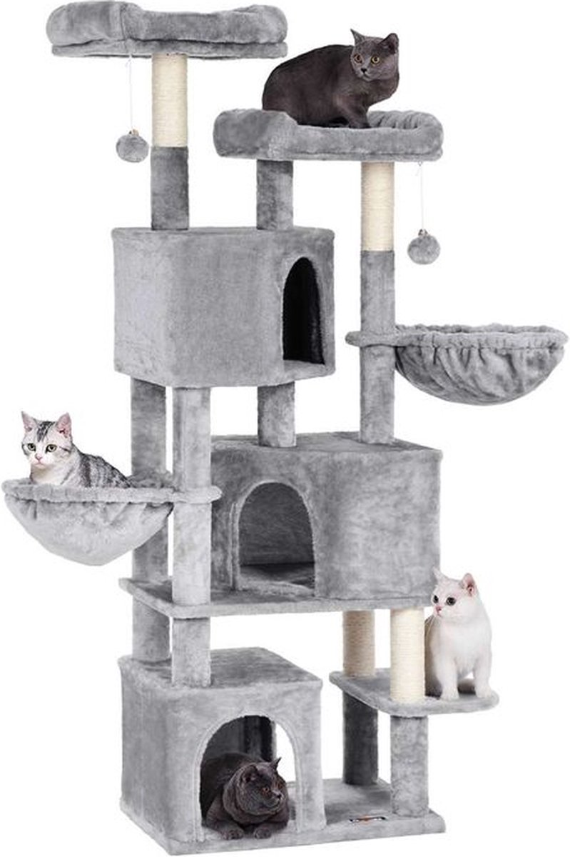Feandrea Kattenboom Groot met Hangmat, met 3 Kattengrotten, 164 cm Kattenboom, lichtgrijs thumbnail 5