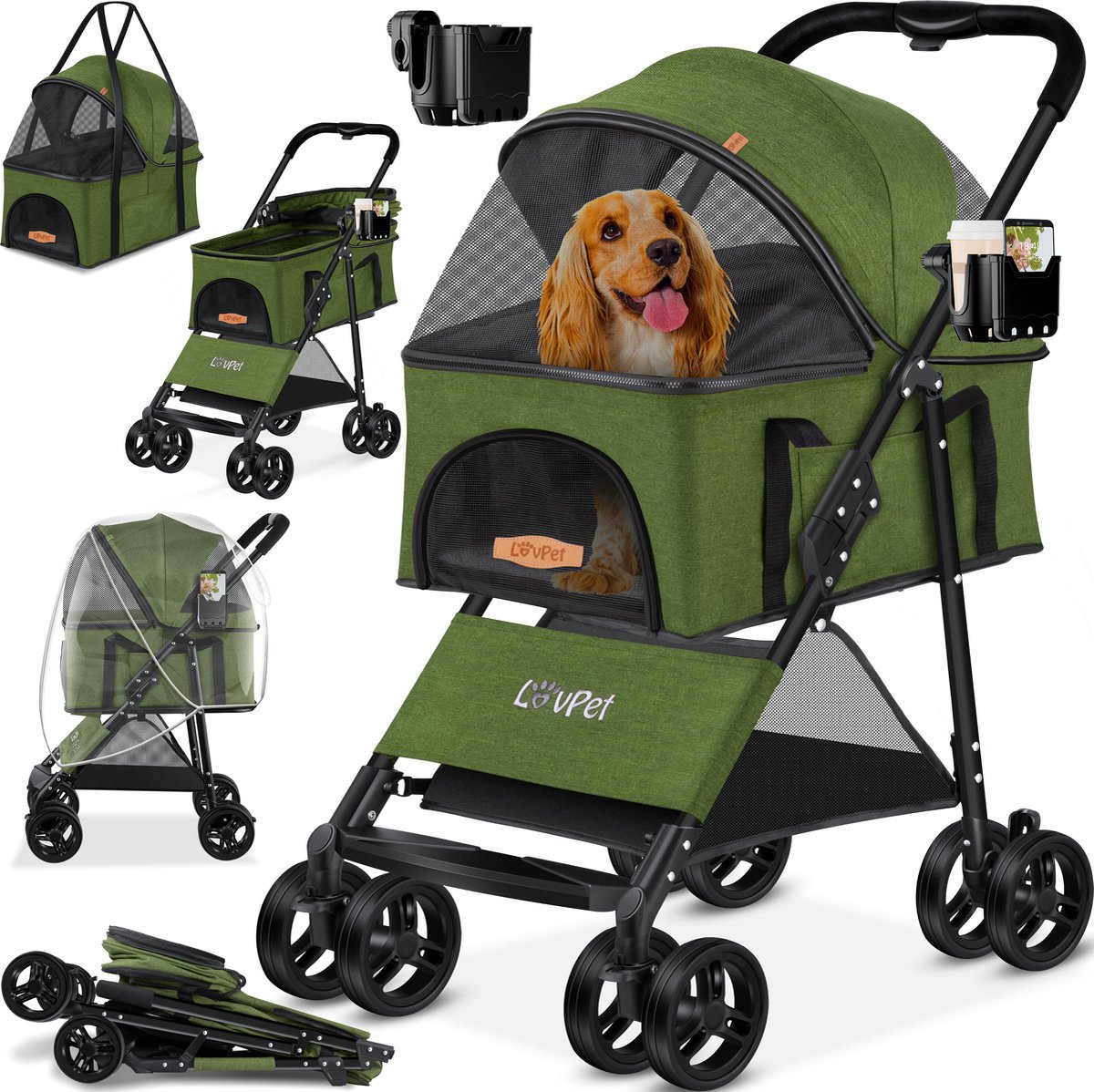 LOVPET® Hondenbuggy 2in1 Huisdieren Wandelwagen Buggy met Transporttas Opvouwbaar tot 20 kg Hondenwandelwagen met Gaasramen & Regenhoes Jogger Kattenbuggy voor Kleine Honden Katten Hondenbox - Khaki