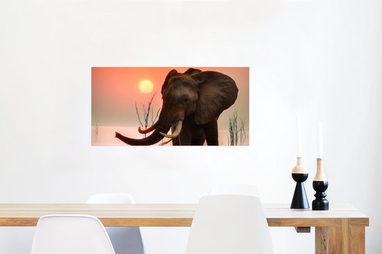 Poster 80x40 cm - Olifant - Dieren - Water - Zonsondergang - Posters - Kamer decoratie - Wanddecoratie woonkamer - Muurdecoratie slaapkamer