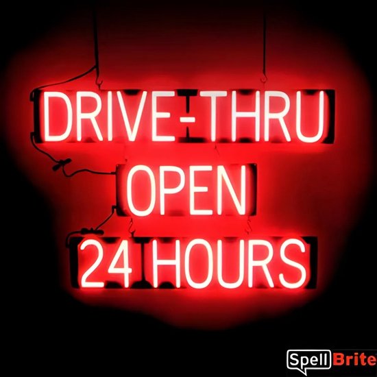 DRIVE-THRU OPEN 24 HOURS - Lichtreclame Neon LED bord verlicht | SpellBrite | 89 x 60 cm | 6 Dimstanden - 8 Lichtanimaties | Reclamebord neon verlichting