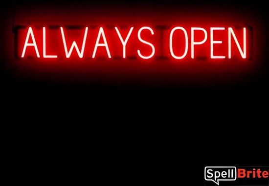 ALWAYS OPEN - Lichtreclame Neon LED bord verlicht | SpellBrite | 110 x 16 cm | 6 Dimstanden - 8 Lichtanimaties | Reclamebord neon verlichting