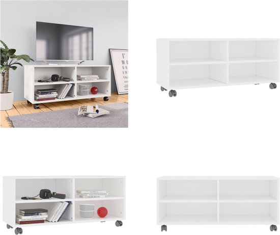 VidaXL Tv-meubel Met Wieltjes Spaanplaat Zwart - Praktische Multimediakast Met 4 Open Schappen