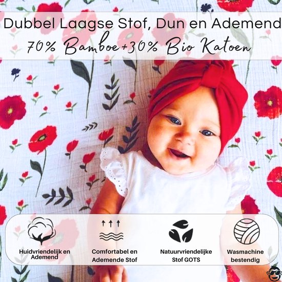 BoefieBoef XL Hydrofiele Doek 120x110cm - Zachte Bamboe Swaddle, Inbakerdoek, Mousseline Doek voor Baby's en Newborns 0 tot 12 maanden - Roos Rood - Dubbellaags, Ademend en Absorberend - Kerst en KraamCadeau - - Duurzaam - Babydeken - Wit van BoefieBoef — afbeelding 4