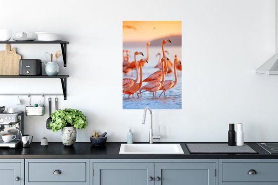 Poster - Cadre photo - Flamingo - Coucher de soleil - Vogel - Tropical - Cadre - 60x90 cm - Cadre affiche - Poster flamant rose - Poster animaux - Photo sous cadre - Décoration chambre