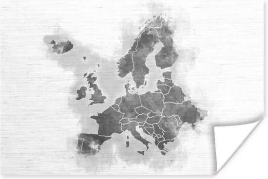 Poster Kaart - Europa - Zwart - Wit - 30x20 cm