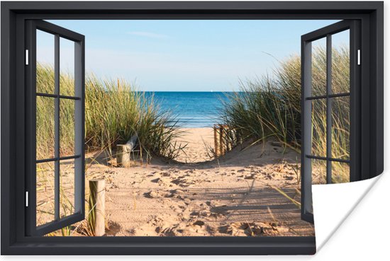 Foto: Poster 90x60 cm doorkijk strand zee zand water helmgras duinen posters kamer decoratie wanddecoratie woonkamer muurdecoratie slaapkamer