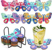 Pakket van 8 DIY vlinder diamantschilderij onderzetters met houder, decoratieve houten onderzetters met diamantschilderset voor volwassenen kinderen beginners