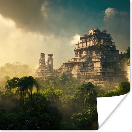Affiche Temple - Jungle - Nuages ​​- Ciel - Nature - 75x75 cm
