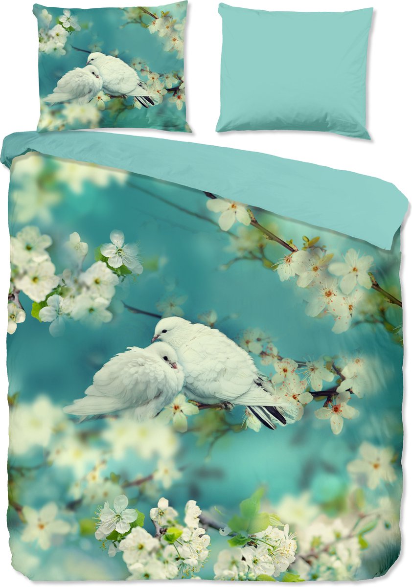 Good Morning dekbedovertrek witte duiven - Aqua - 100% Katoen renforce