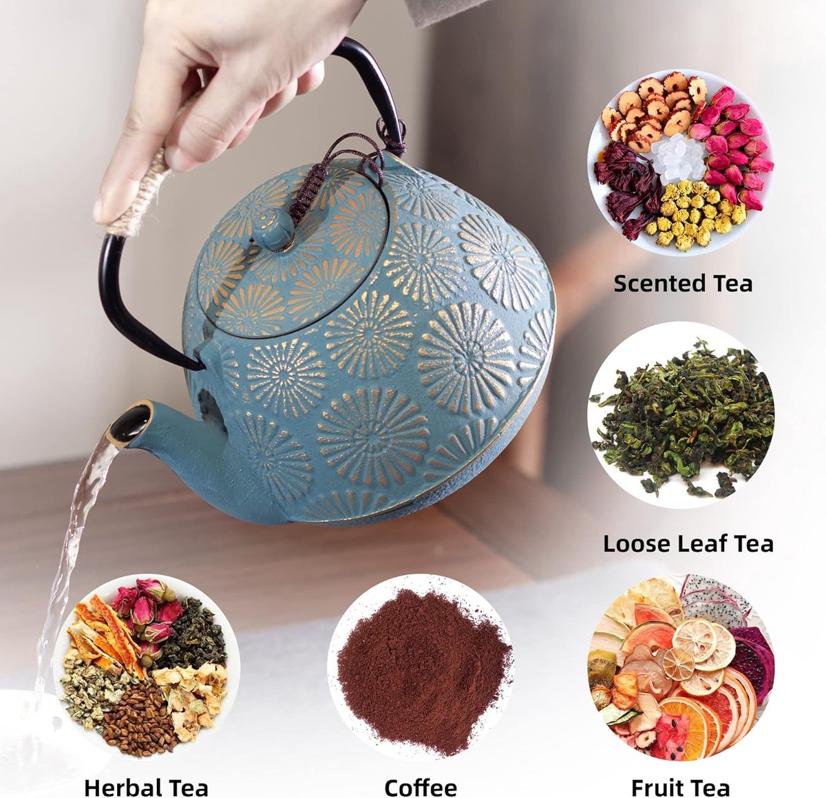 Gietijzeren theepot Japanse theepot met ei voor los blad grote capaciteit 1200 ml Sakura Design Theeketel voor fornuis Top gecoat met geëmailleerd interieur 44 oz groen