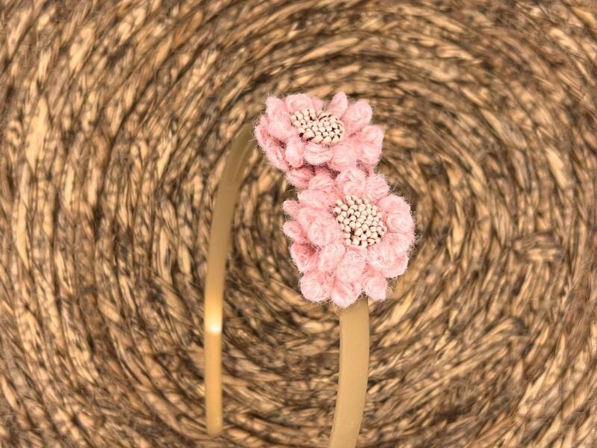 Diadeem wol flower - wollen bloemen - khaki kleur diadeem - roze