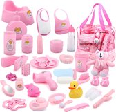 Baby Pop set - 28x Accessoires Zak met Babyvoeding Accessoires, Kleren, Poppenbeer, Badspeelgoed, Fopspeenpop en Nog Veel Meer - Groot Verzorgend Speelgoed voor kinderen!
